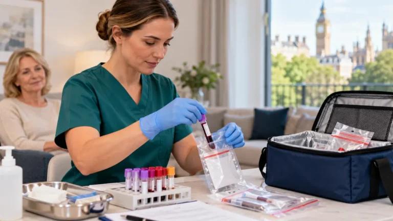 Mobile phlebotomist safely preparing blood samples for laboratory transport